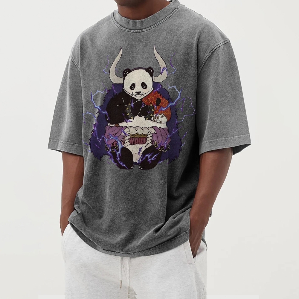 Panda Demon Pattern Casual Washed Vintage Short Sleeves T-Shirt-moweekender