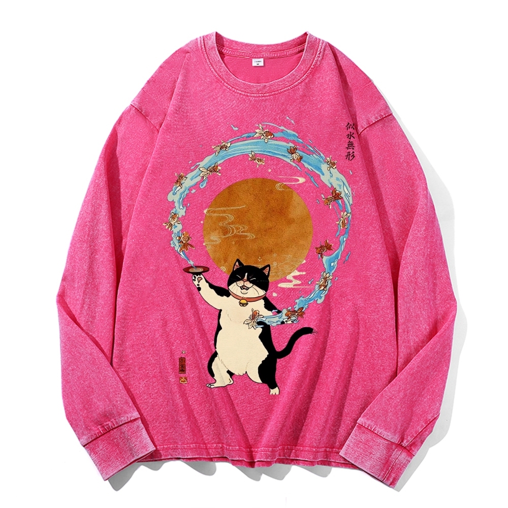 Goldfish Drunk Cat Deep Washed Vintage Long Sleeves T-Shirt-moweekender