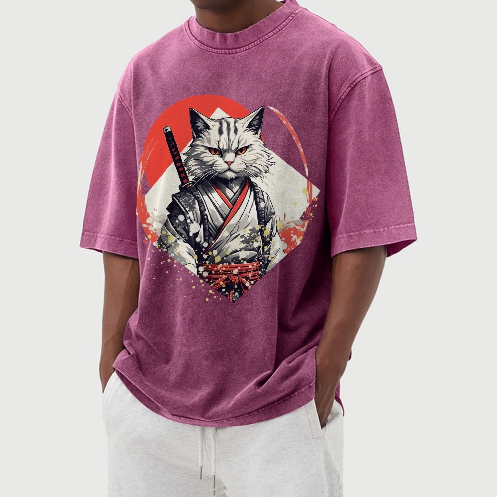 Japanese Warrior Cat Printed Washed Vintage Short Sleeves T-Shirt-moweekender