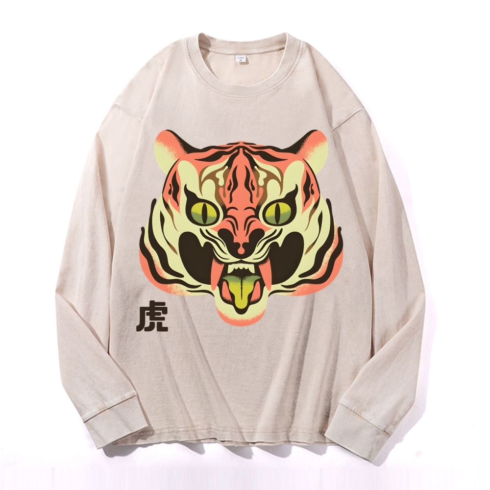 Tiger Roar Deep Washed Vintage Long Sleeves T-Shirt-moweekender