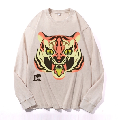 Tiger Roar Deep Washed Vintage Long Sleeves T-Shirt-moweekender