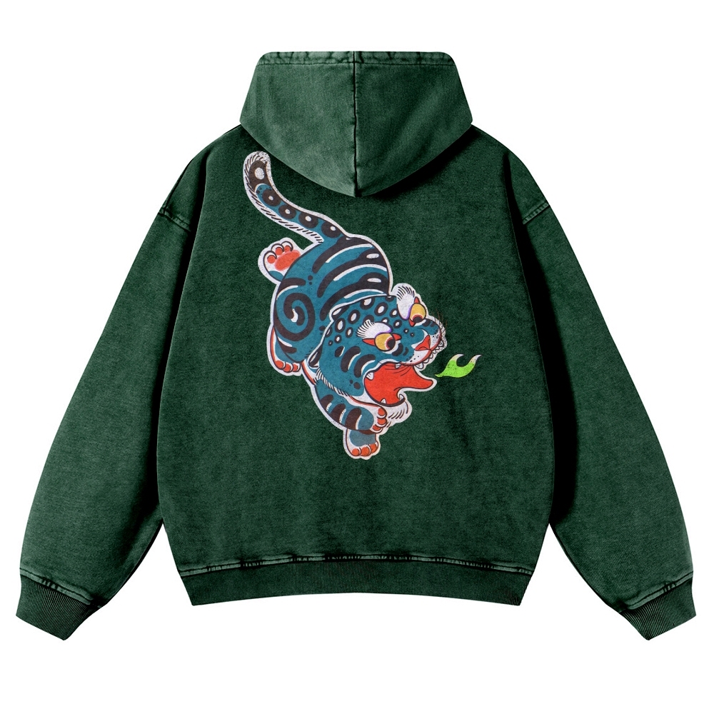 Fire Leopard Pattern Vintage Washed Hoodie-moweekender