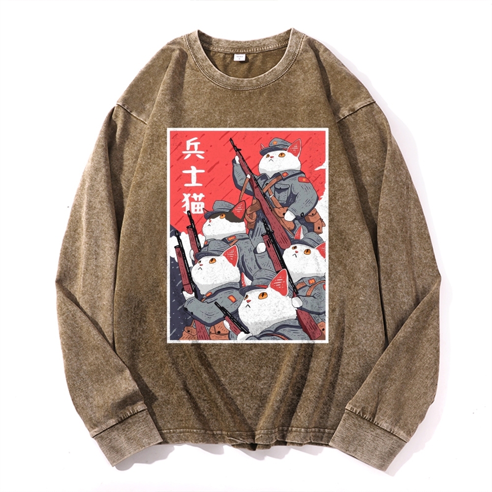 Soldier Cat Pattern Deep Washed Vintage Long Sleeves T-Shirt-moweekender