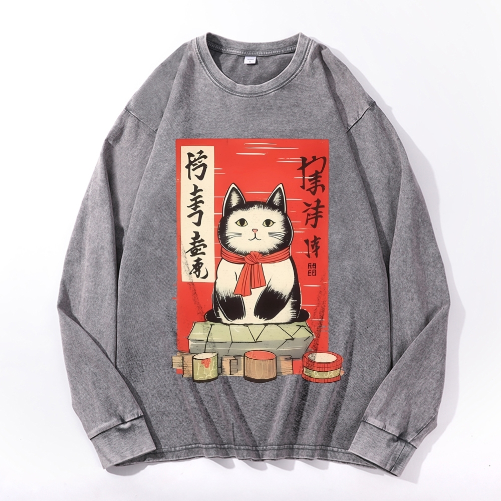 Japan Cat Painting Deep Washed Vintage Long Sleeves T-Shirt-moweekender