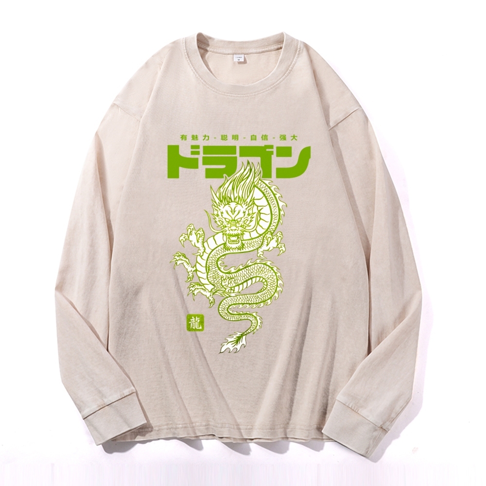 Loong Totem Casual Deep Washed Vintage Long Sleeves T-Shirt-moweekender