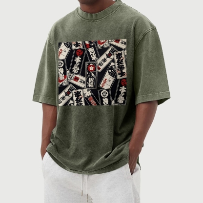 Japan Card Pattern Washed Vintage Short Sleeves T-Shirt-moweekender