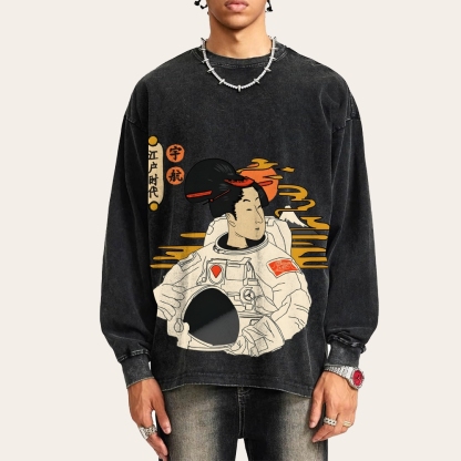 Japanese Spaceman Ukiyoe Deep Washed Vintage Long Sleeves T-Shirt-moweekender