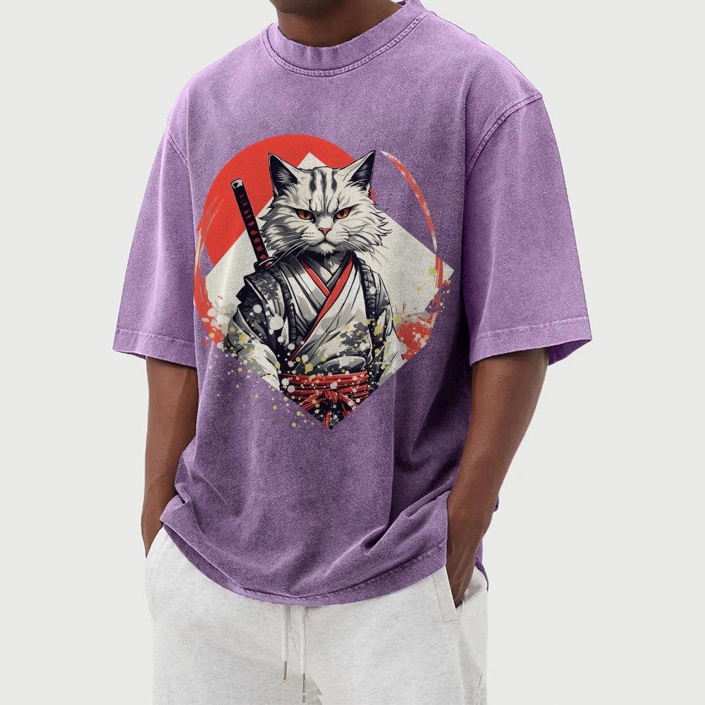 Japanese Warrior Cat Printed Washed Vintage Short Sleeves T-Shirt-moweekender