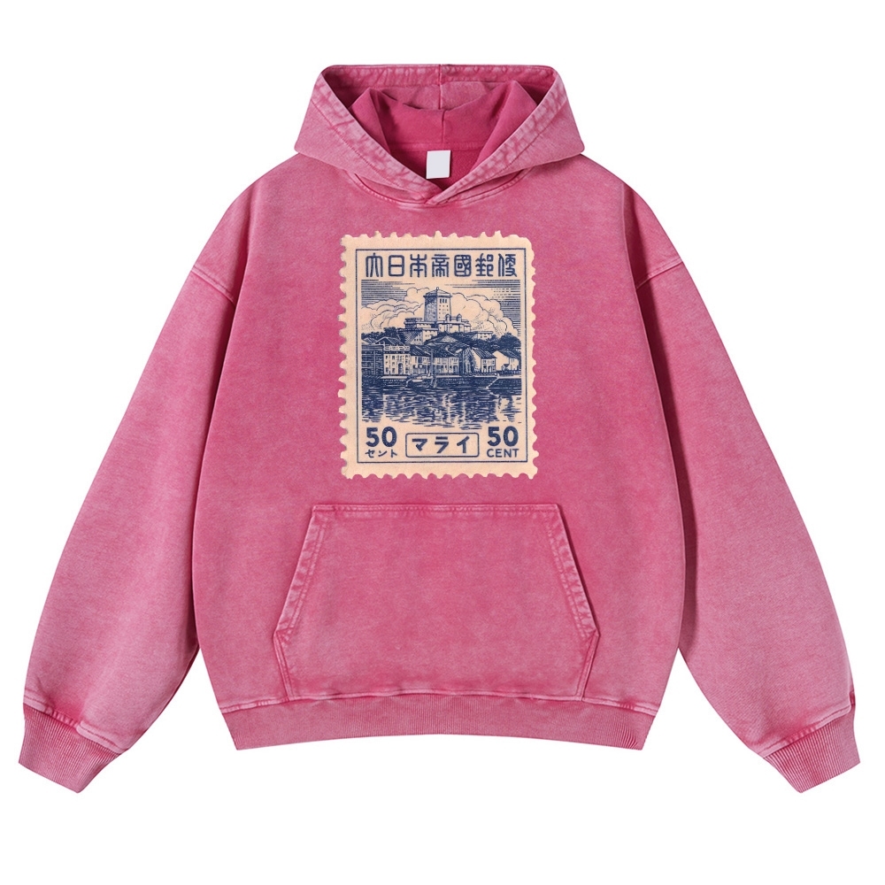 Japan Old Stamp Pattern Vintage Washed Hoodie-moweekender