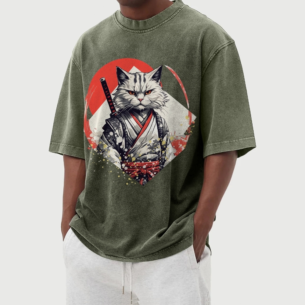 Japanese Warrior Cat Printed Washed Vintage Short Sleeves T-Shirt-moweekender