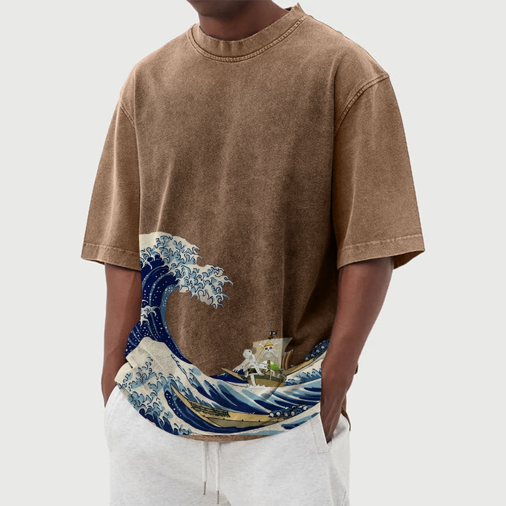 Straw Hat Pirate Ship Washed Vintage Short Sleeves T-Shirt-moweekender