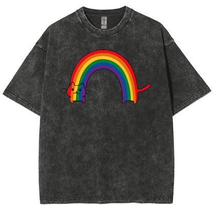 Rainbow Cat Washed Oversized T-Shirt-moweekender