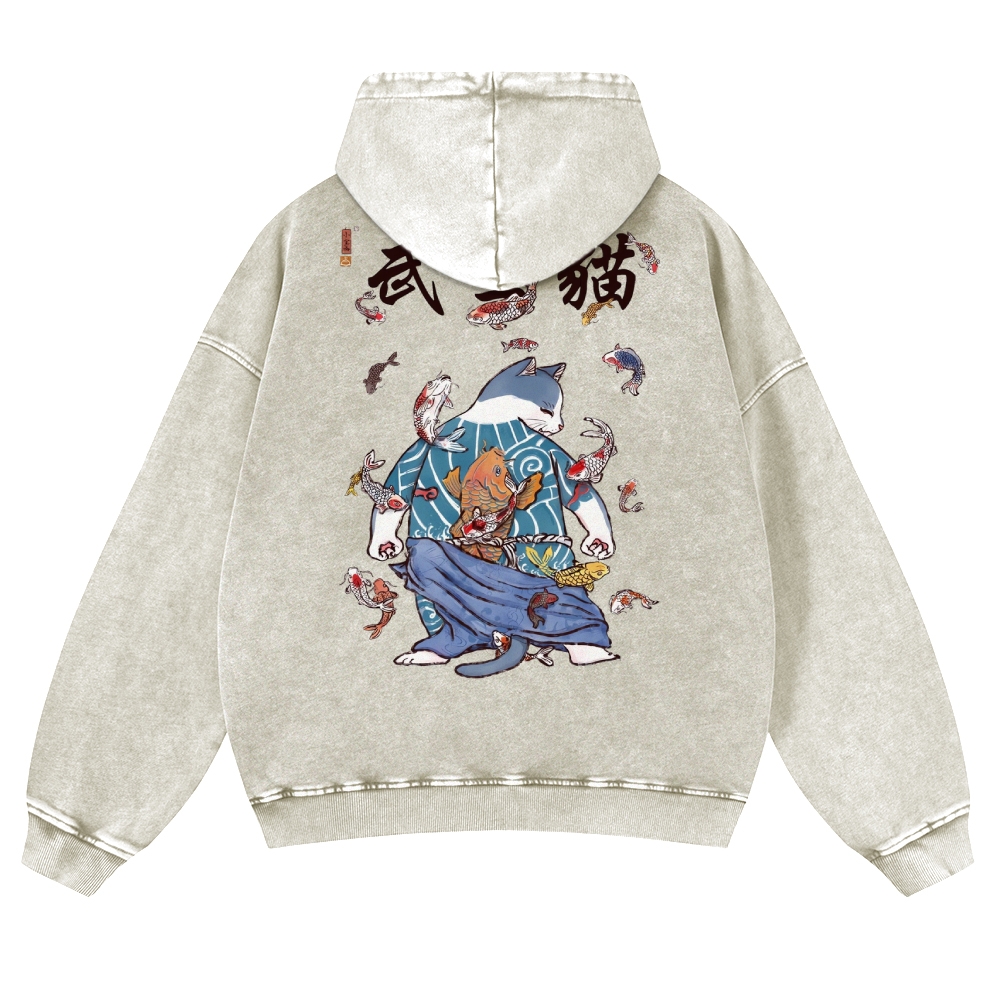 Fish Rain Tattooed Cat Vintage Washed Hoodie-moweekender