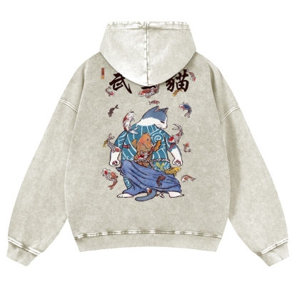 Fish Rain Tattooed Cat Vintage Washed Hoodie-moweekender