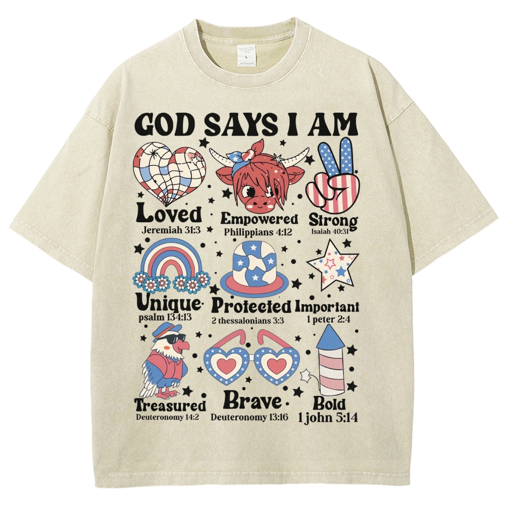 God Says I Am Vintage Snowflake Washed T-Shirt-moweekender