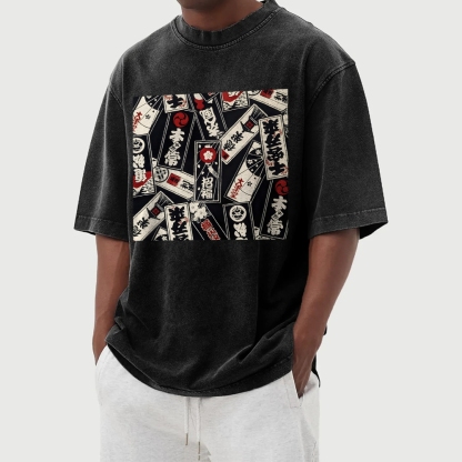 Japan Card Pattern Washed Vintage Short Sleeves T-Shirt-moweekender