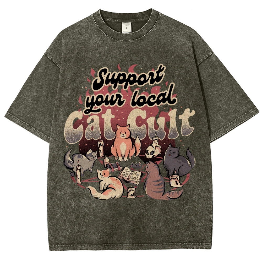 Support Your Local Cat Cult Vintage Snowflake Washed T-Shirt-moweekender