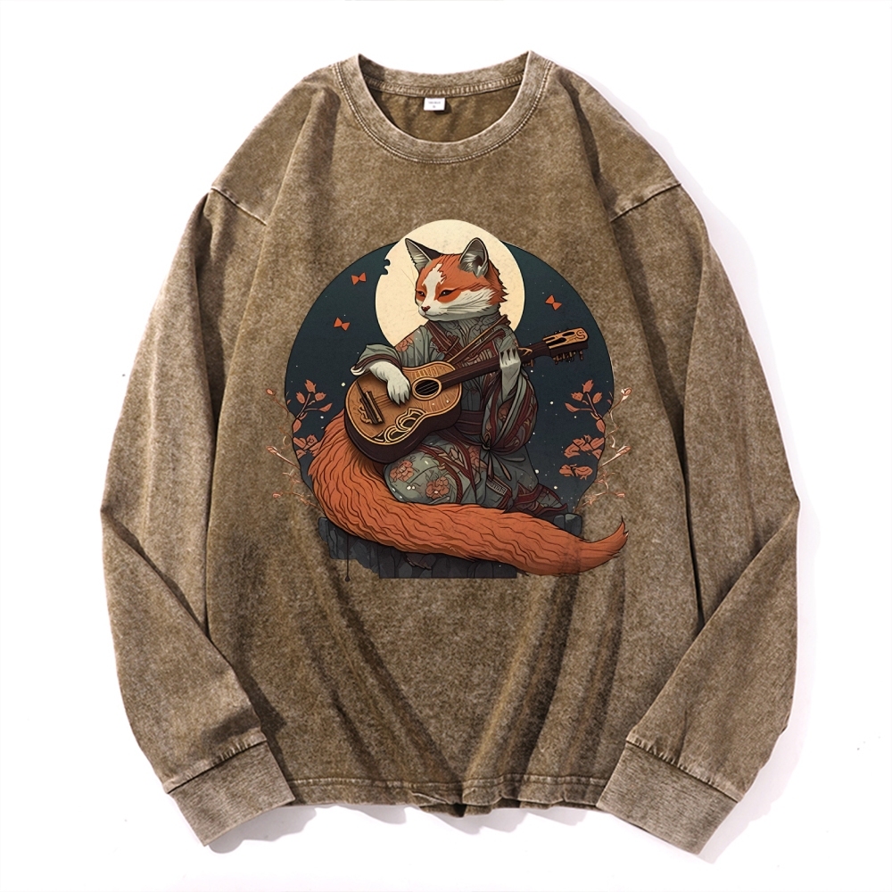 Guitar Fox Ukiyoe Painting Deep Washed Vintage Long Sleeves T-Shirt-moweekender