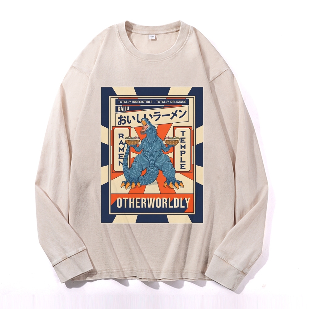 Ramen Godzilla Deep Washed Vintage Long Sleeves T-Shirt-moweekender