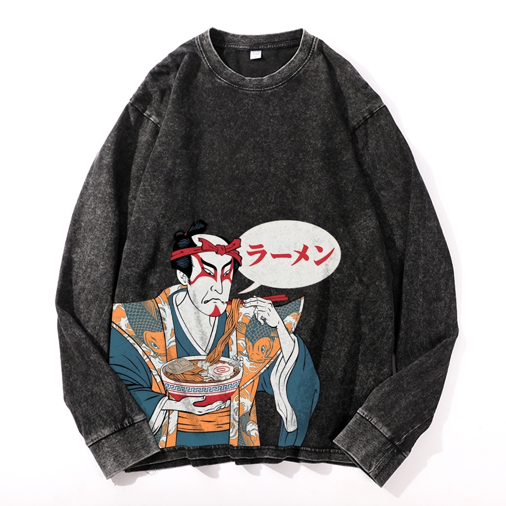 Japanese Warrior Ramen Deep Washed Vintage Long Sleeves T-Shirt-moweekender