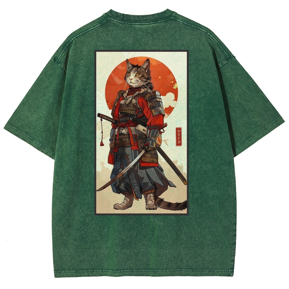 Casual Warrior Cat Washed Vintage Short Sleeves T-Shirt-moweekender