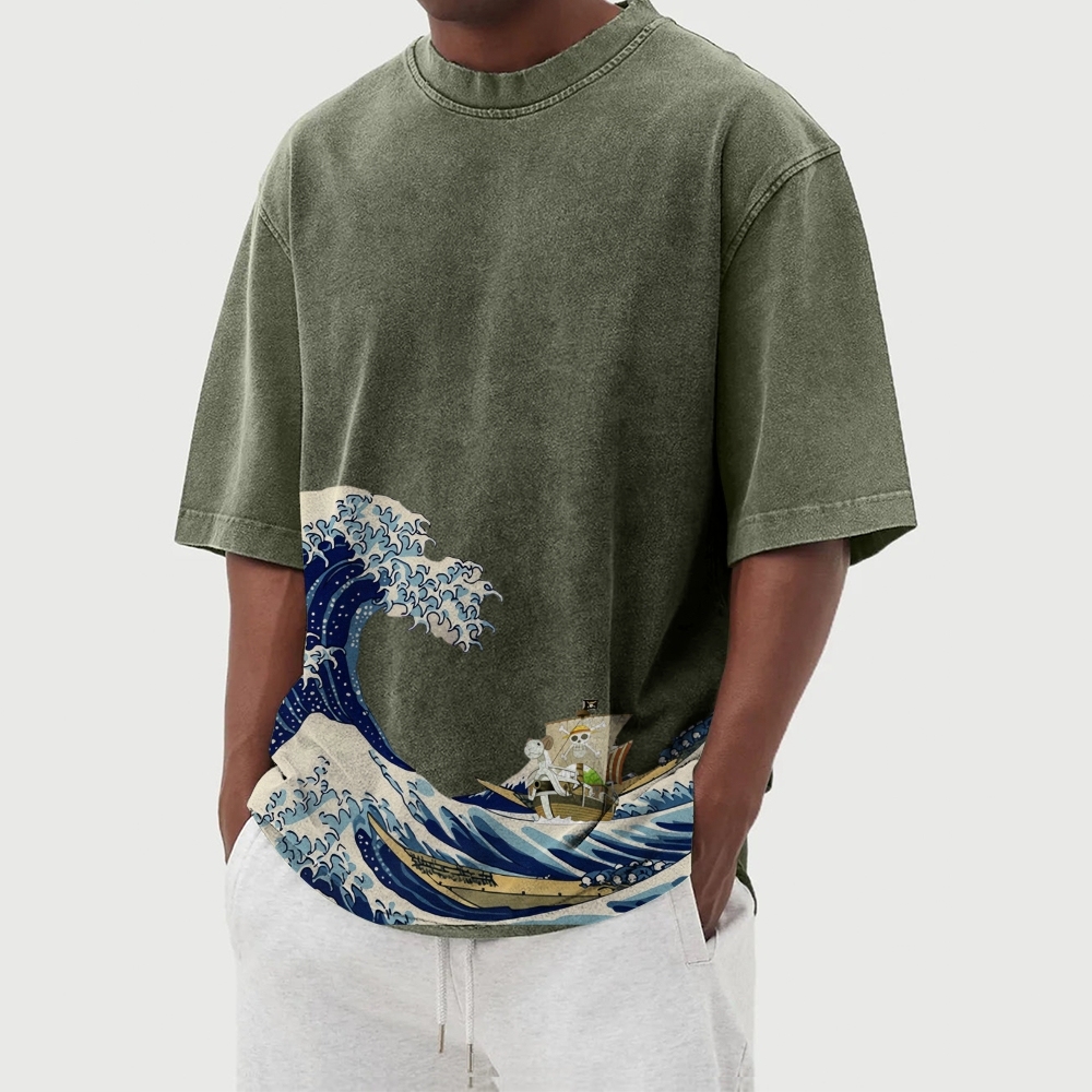 Straw Hat Pirate Ship Washed Vintage Short Sleeves T-Shirt-moweekender