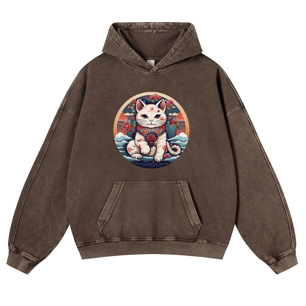 Japanese Cat Painting Printed Vintage Washed Hoodie-moweekender