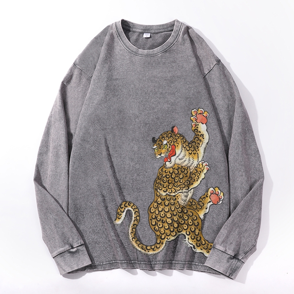 Japanese Leopard Ukiyoe Deep Washed Vintage Long Sleeves T-Shirt-moweekender