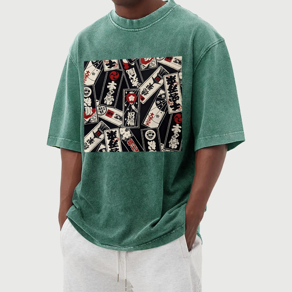 Japan Card Pattern Washed Vintage Short Sleeves T-Shirt-moweekender
