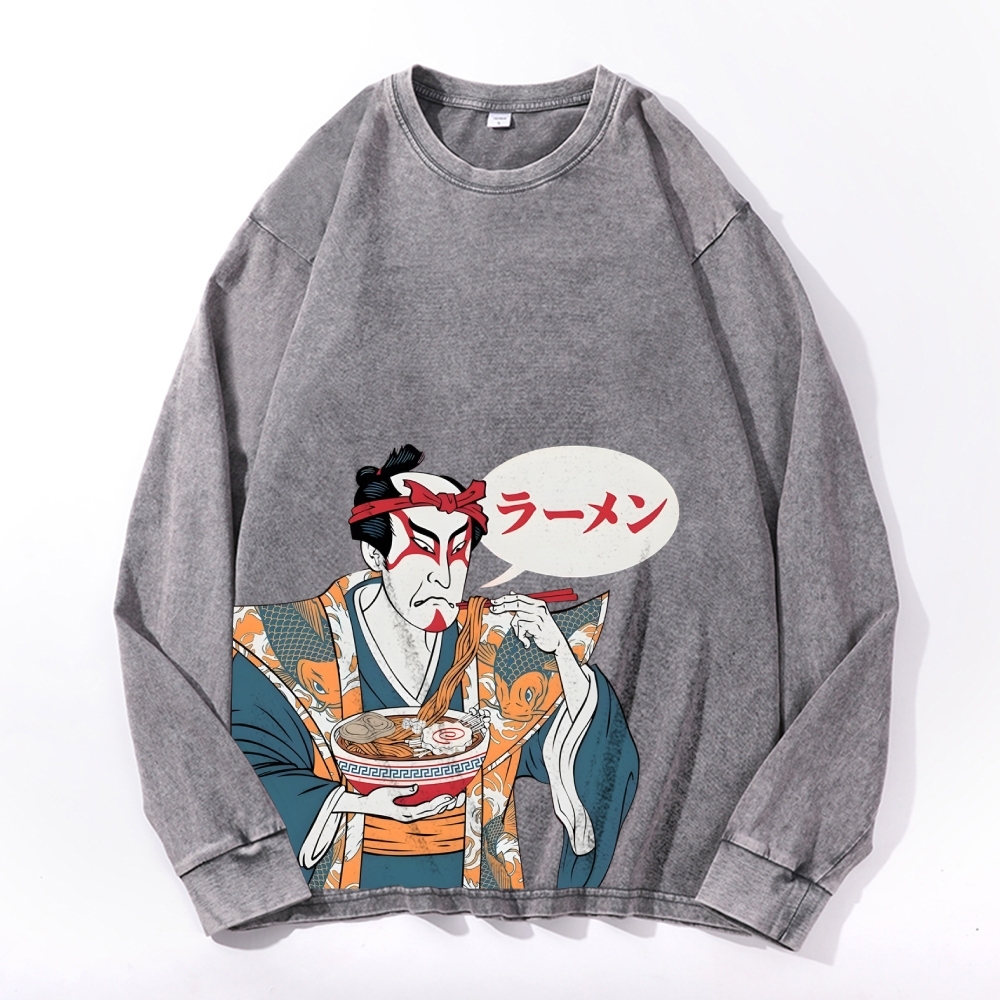 Japanese Warrior Ramen Deep Washed Vintage Long Sleeves T-Shirt-moweekender