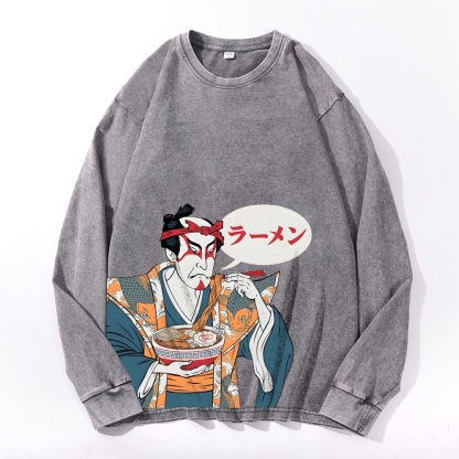 Japanese Warrior Ramen Deep Washed Vintage Long Sleeves T-Shirt-moweekender