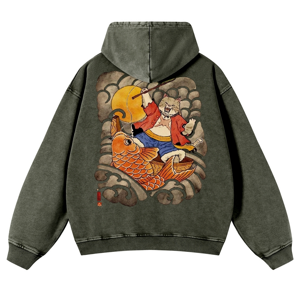 Carp Cat Ukiyoe Casual Vintage Washed Hoodie-moweekender