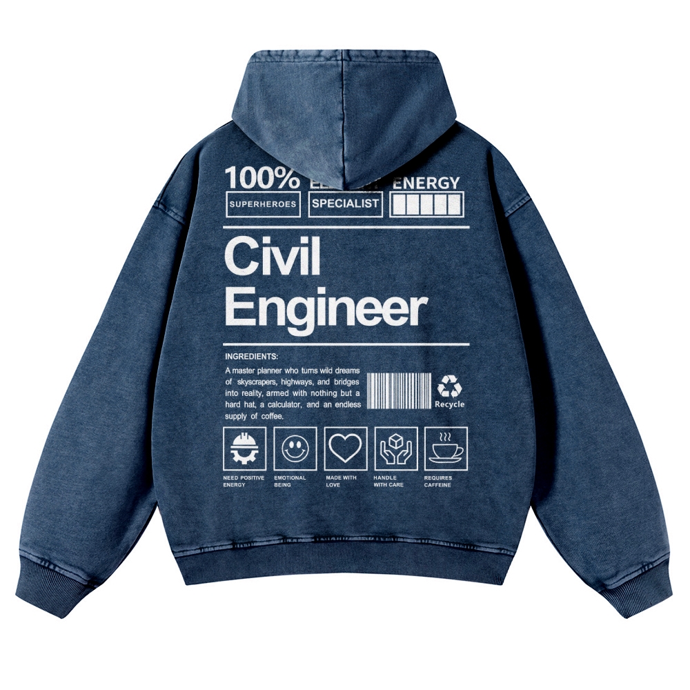 Civil Engineer Pattern Vintage Washed Hoodie-moweekender