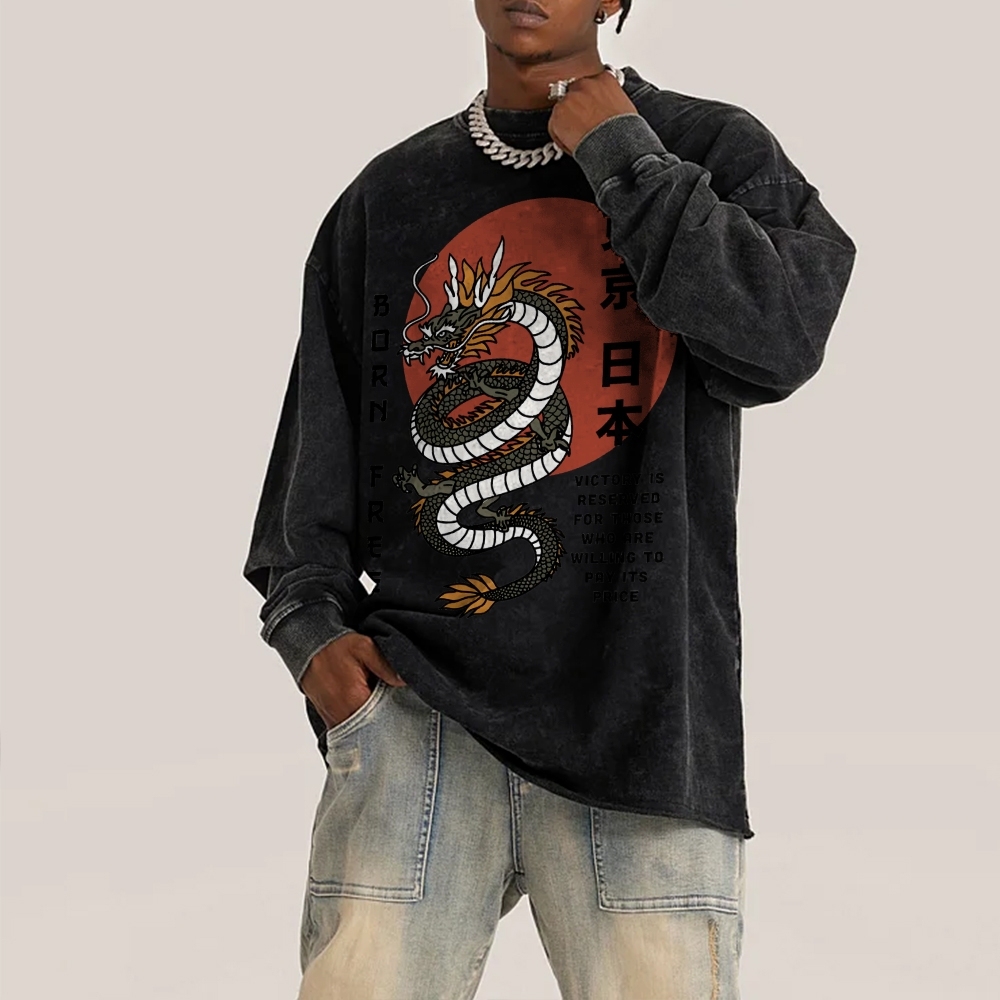 Tokyo Dragon Pattern Deep Washed Vintage Long Sleeves T-Shirt-moweekender