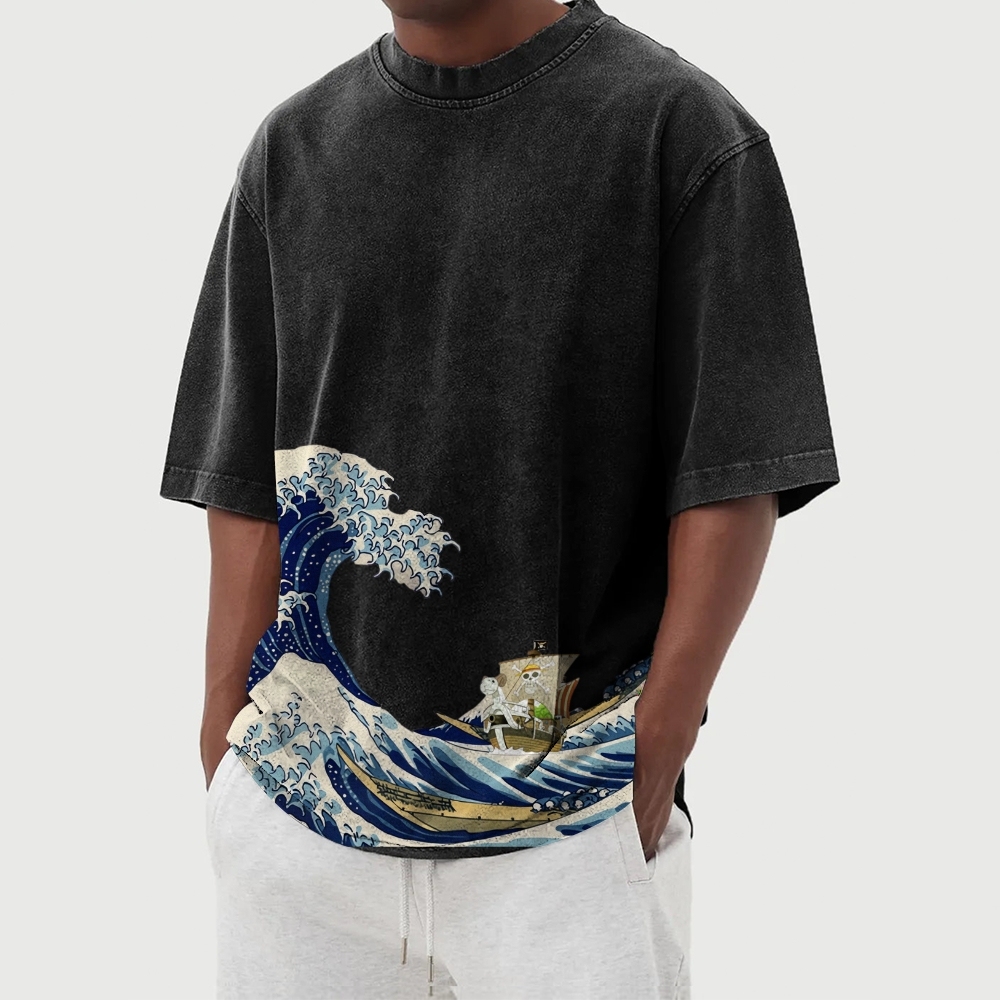 Straw Hat Pirate Ship Washed Vintage Short Sleeves T-Shirt-moweekender