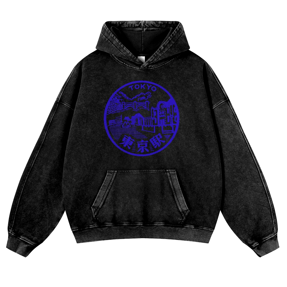 Tokyo Station Sign Vintage Washed Hoodie-moweekender