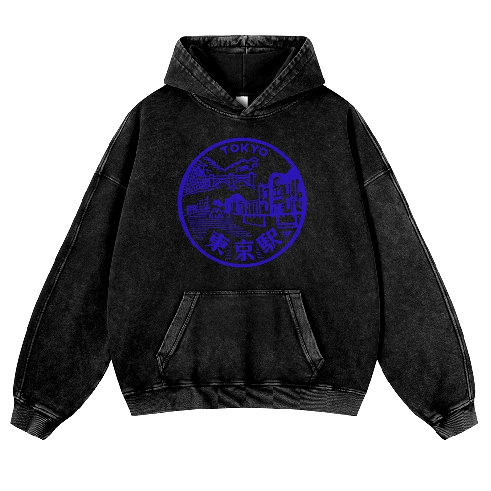 Tokyo Station Sign Vintage Washed Hoodie-moweekender