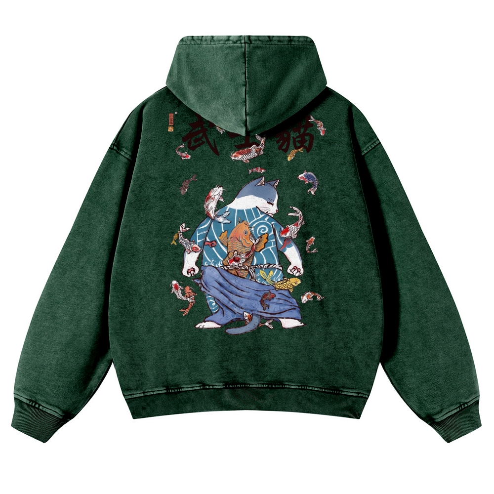 Fish Rain Tattooed Cat Vintage Washed Hoodie-moweekender