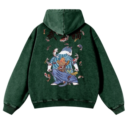 Fish Rain Tattooed Cat Vintage Washed Hoodie-moweekender