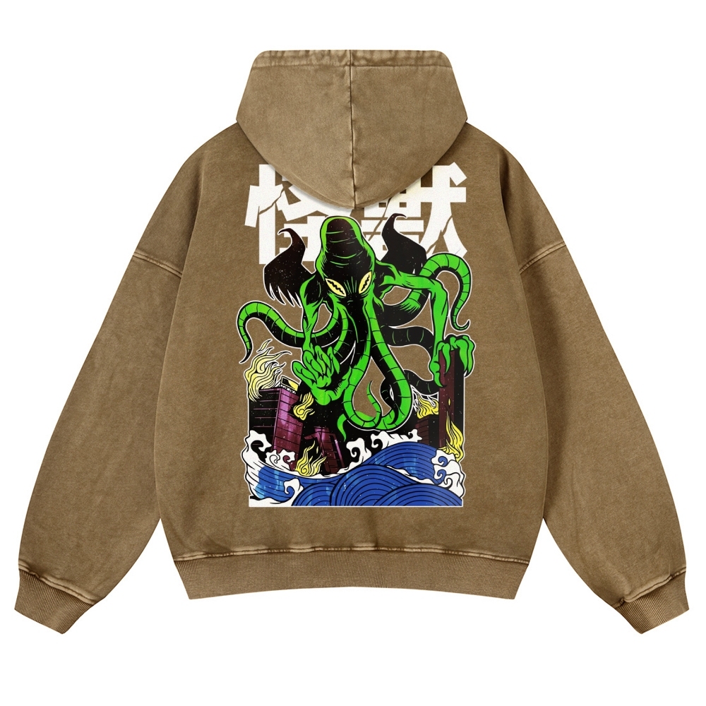 Octopus Monster Casual Vintage Washed Hoodie-moweekender