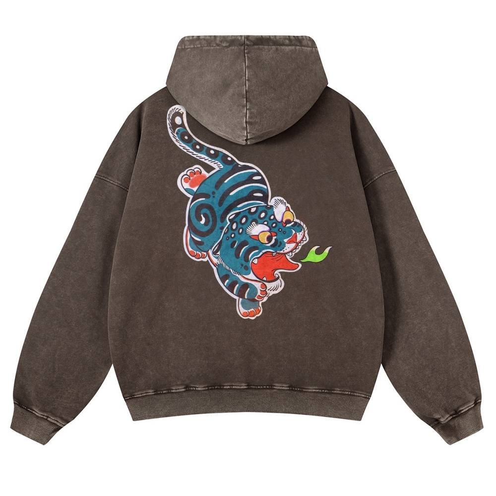 Fire Leopard Pattern Vintage Washed Hoodie-moweekender