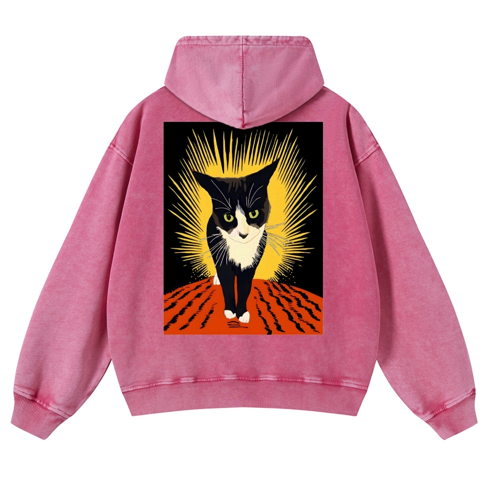 Rebel Cat Casual Vintage Washed Hoodie-moweekender