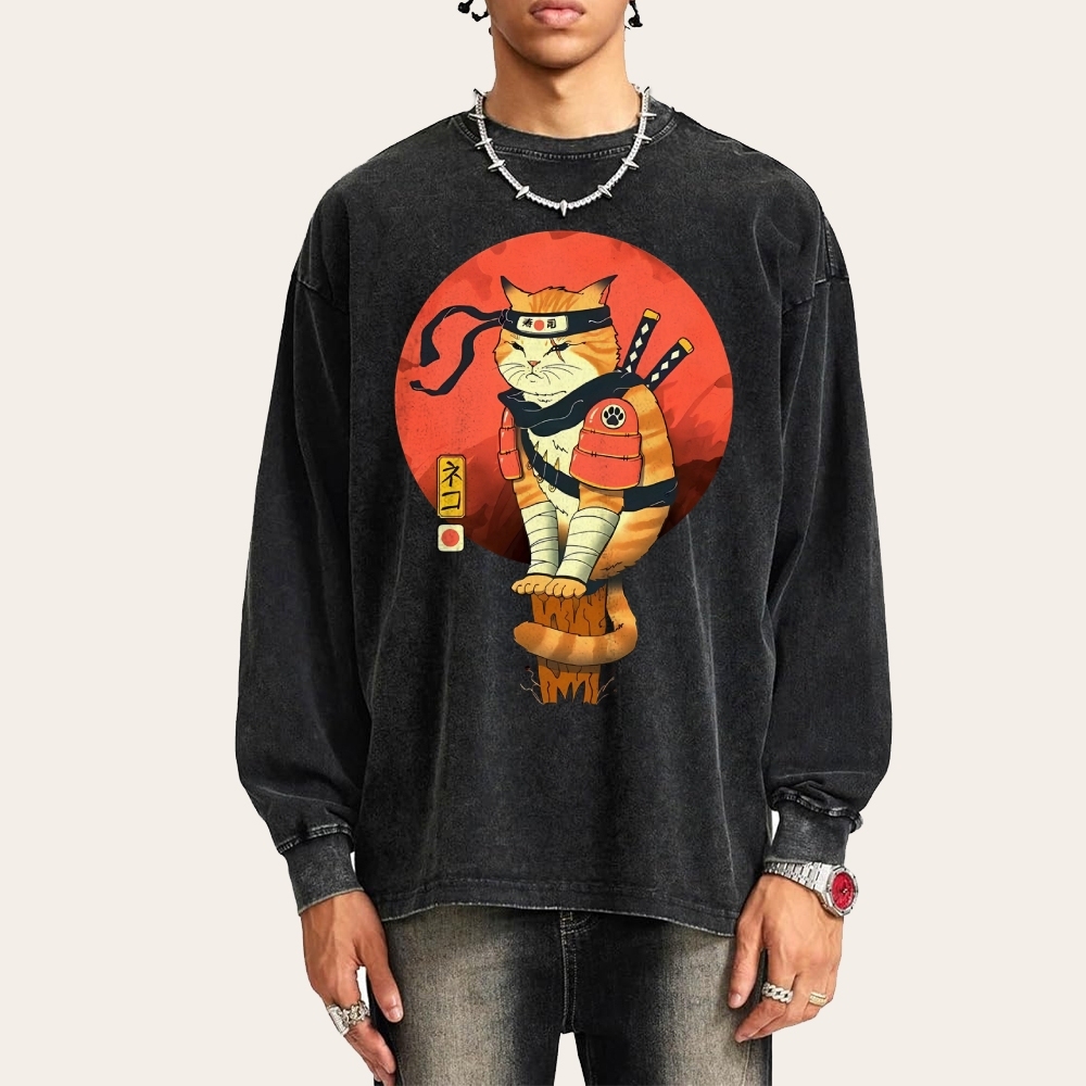 Ninja Sushi Cat Casual Deep Washed Vintage Long Sleeves T-Shirt-moweekender