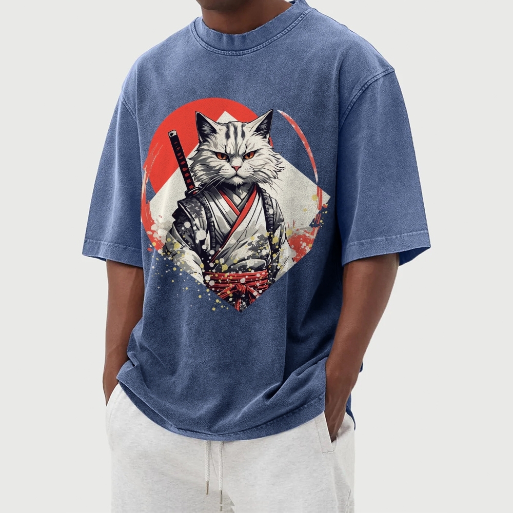 Japanese Warrior Cat Printed Washed Vintage Short Sleeves T-Shirt-moweekender