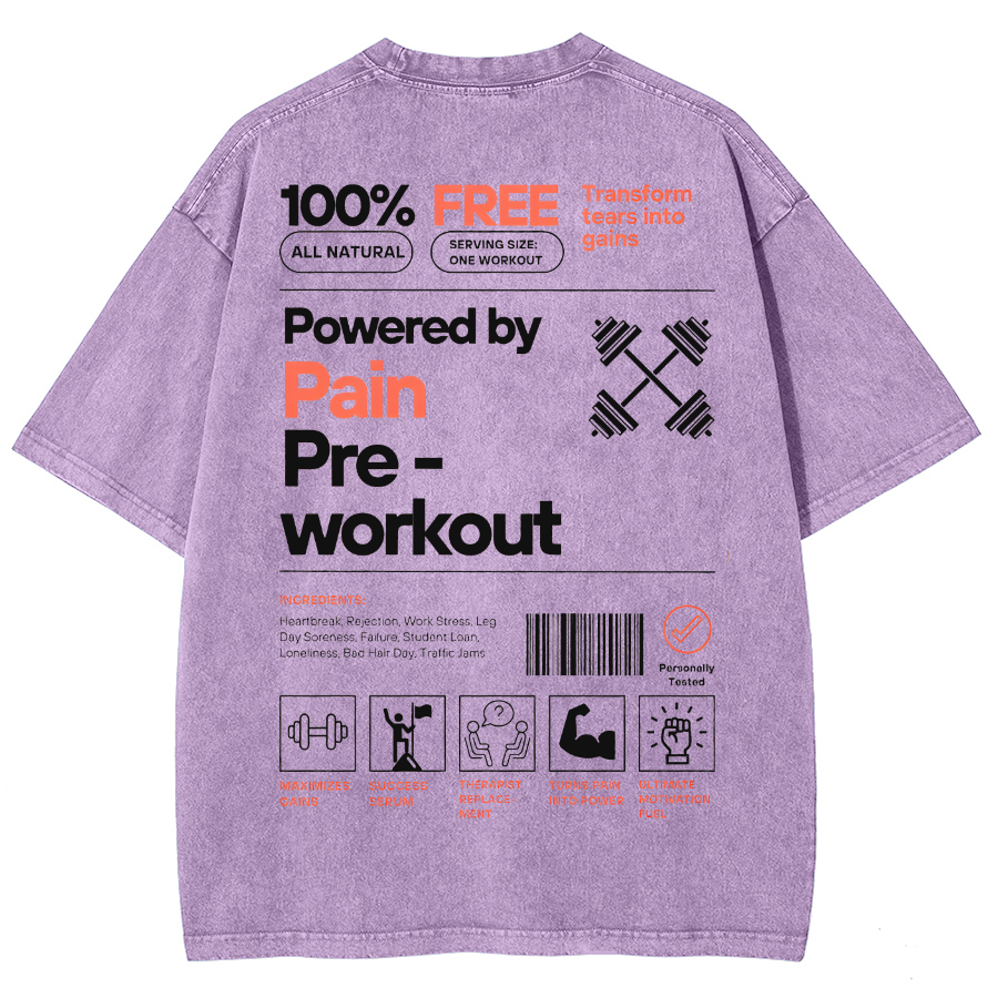 Powered by PainPre-workout Unisex Printed Retro Washed Short Sleeved T-Shirt-moweekender