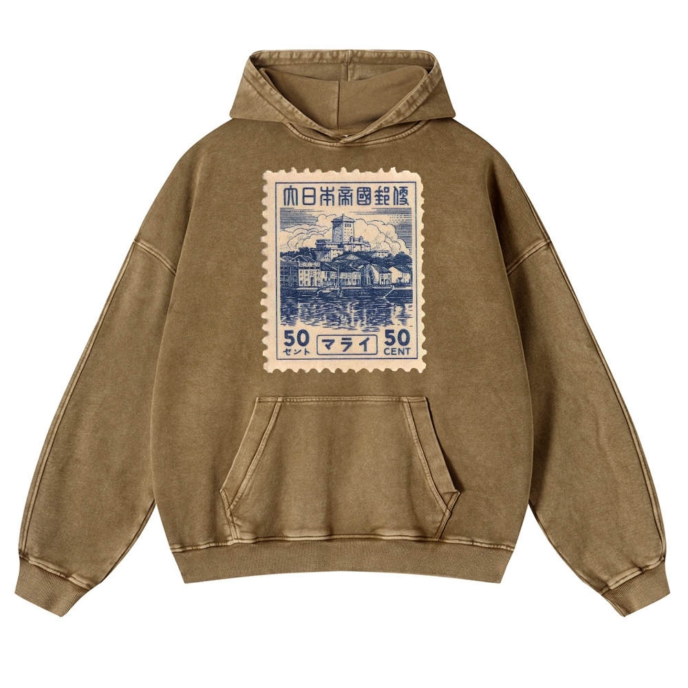 Japan Old Stamp Pattern Vintage Washed Hoodie-moweekender