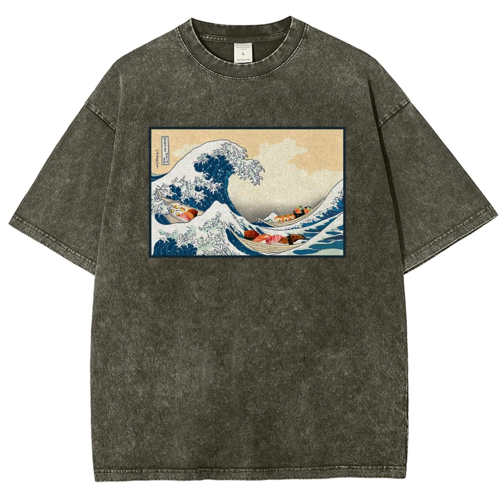 Sushi Ship Wave Ukiyoe Washed Vintage Short Sleeves T-Shirt-moweekender