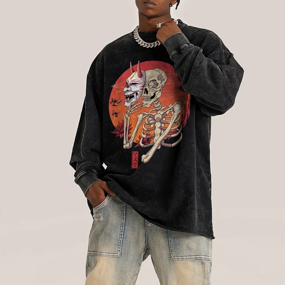 Japanese Skeleton Mask Deep Washed Vintage Long Sleeves T-Shirt-moweekender