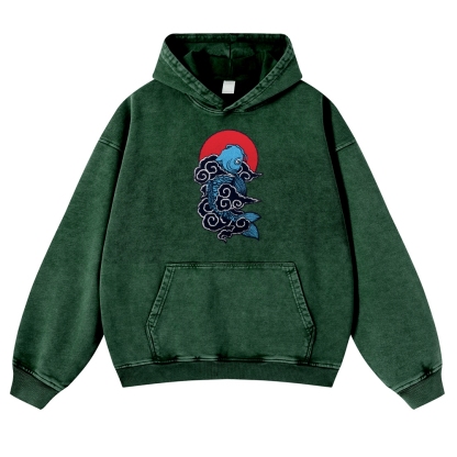 Cloud Carp Ukiyoe Pattern Vintage Washed Hoodie-moweekender