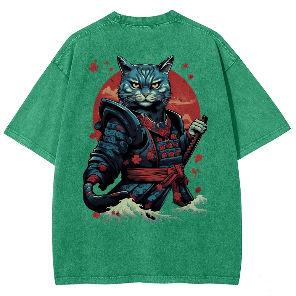 Japan Cat Warrior Washed Vintage Short Sleeves T-Shirt-moweekender